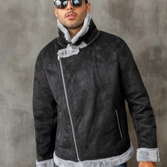 Black Casual Mens Zip Up Lapel Neck Teddy Lined Coat - Picture 6 of 8